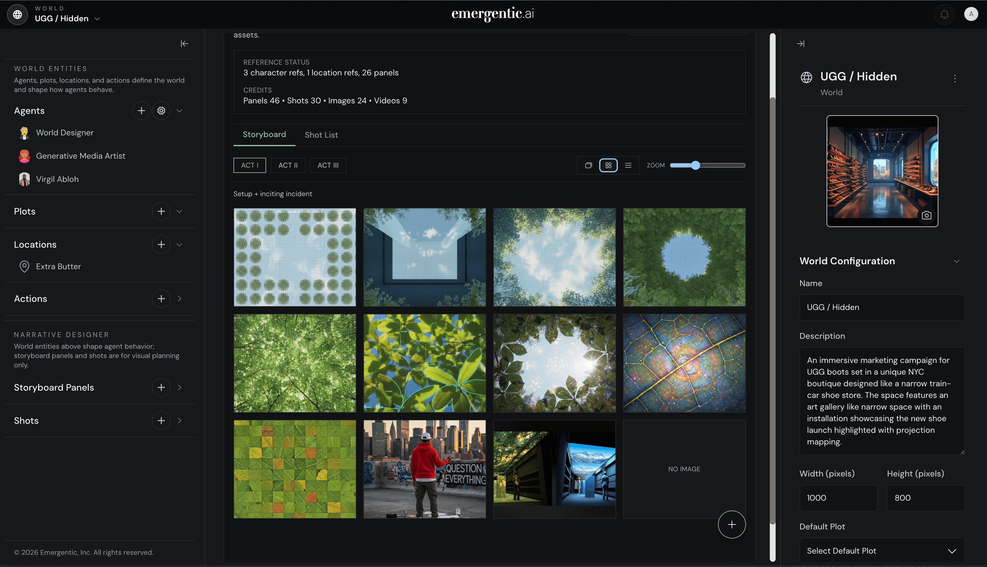 Narrative workspace connecting world entities to storyboard panels and visual references